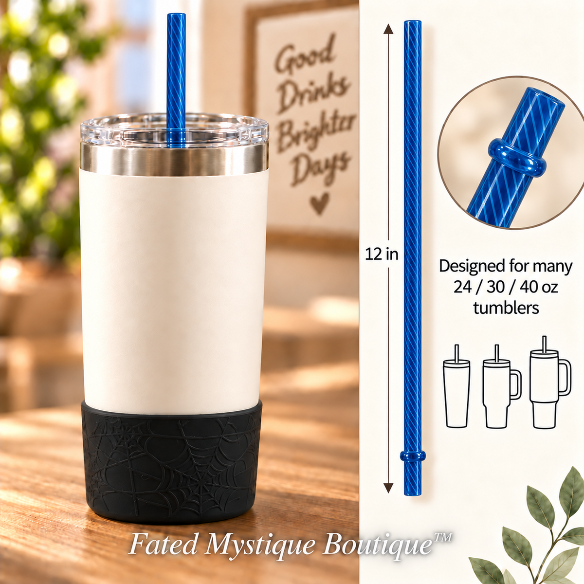 Long colored straw variant: Stripe Dark Blue (12inch) — in-use measurement image