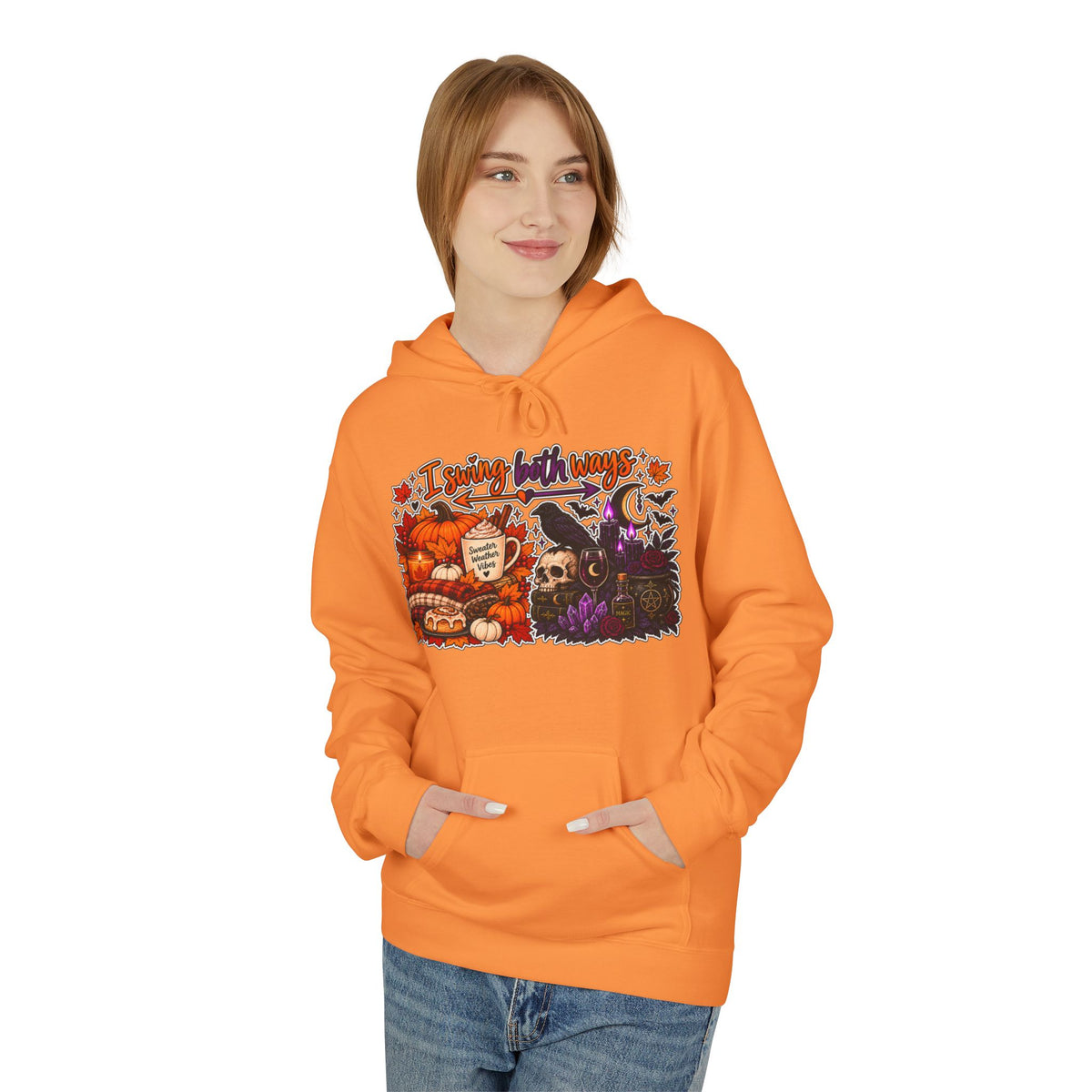 Halloween Split-Scene Hoodie — "I Swing Both Ways" Pumpkin & Haunted Night Design
