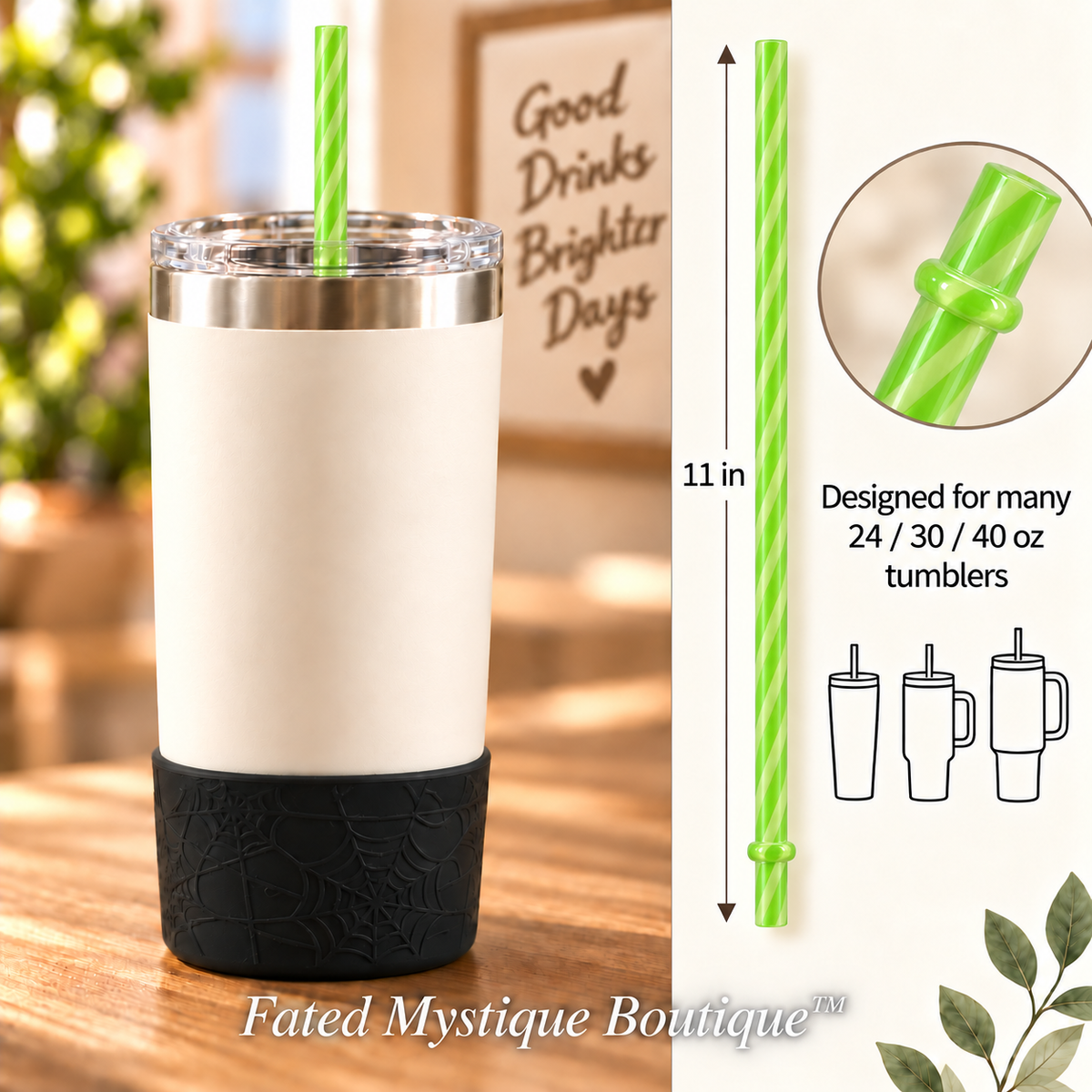 Long colored straw variant: Stripe Light Green (11inch) — in-use measurement image