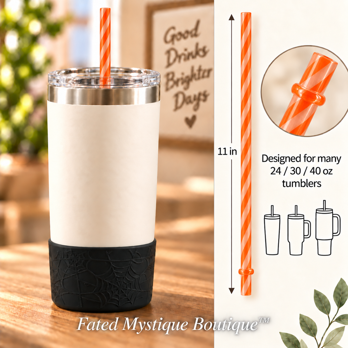 Long colored straw variant: Stripe Orange (11inch) — in-use measurement image