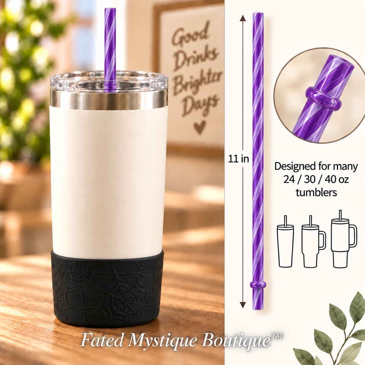 Long colored straw variant: Stripe Purple (11inch) — in-use measurement image