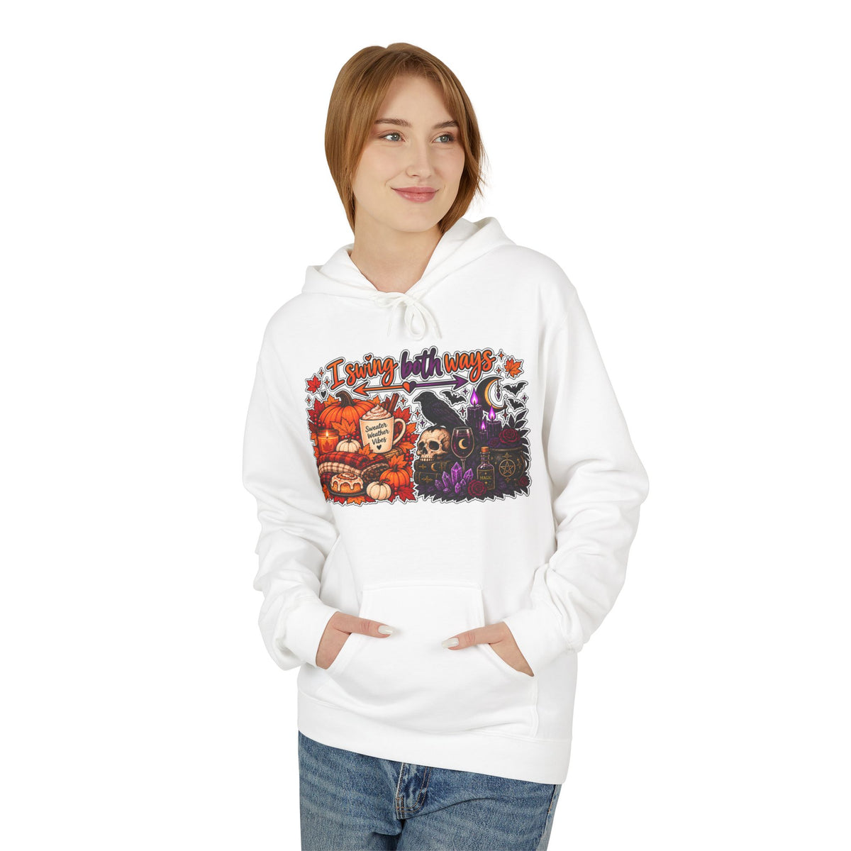 Halloween Split-Scene Hoodie — "I Swing Both Ways" Pumpkin & Haunted Night Design