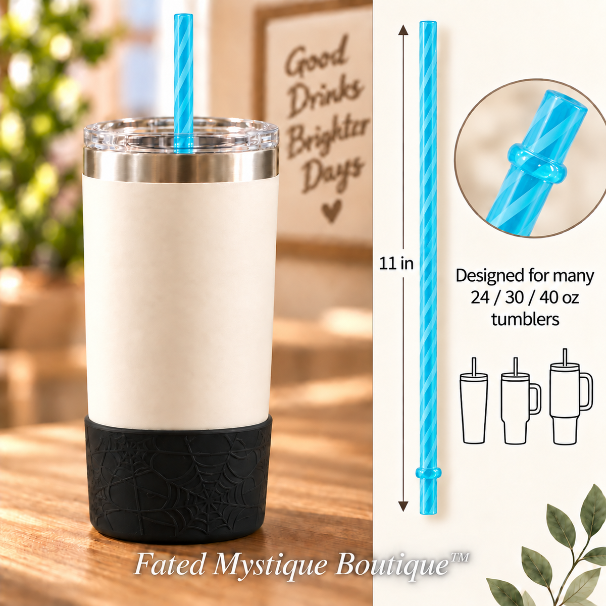 Long colored straw variant: Stripe Blue (11inch) — in-use measurement image