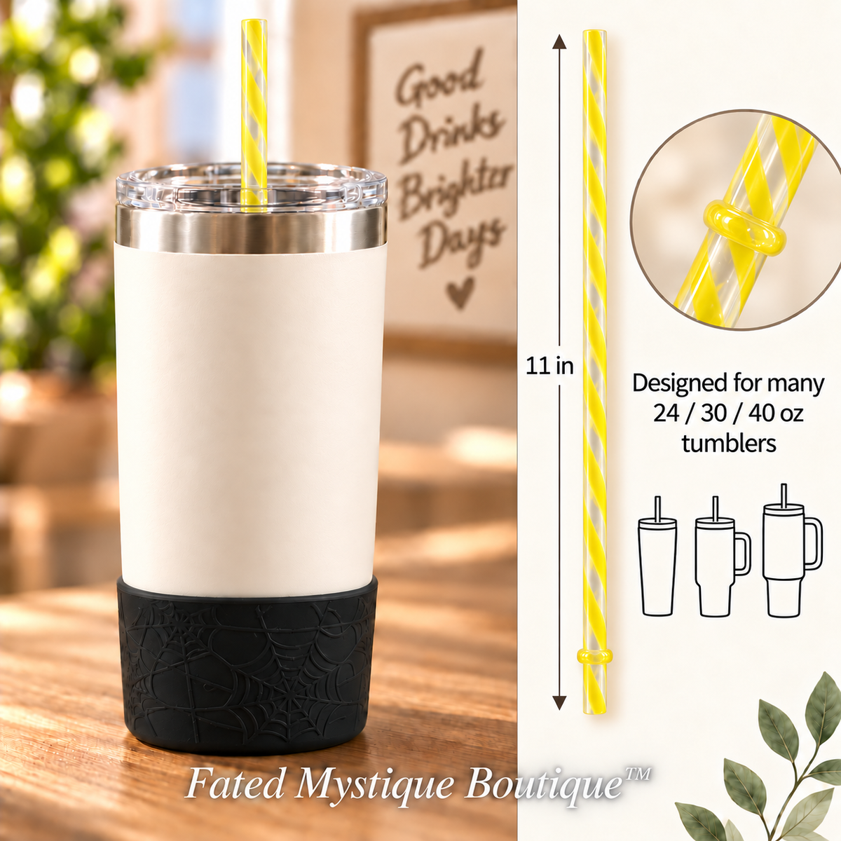 Long colored straw variant: Stripe Yellow (11inch) — in-use measurement image