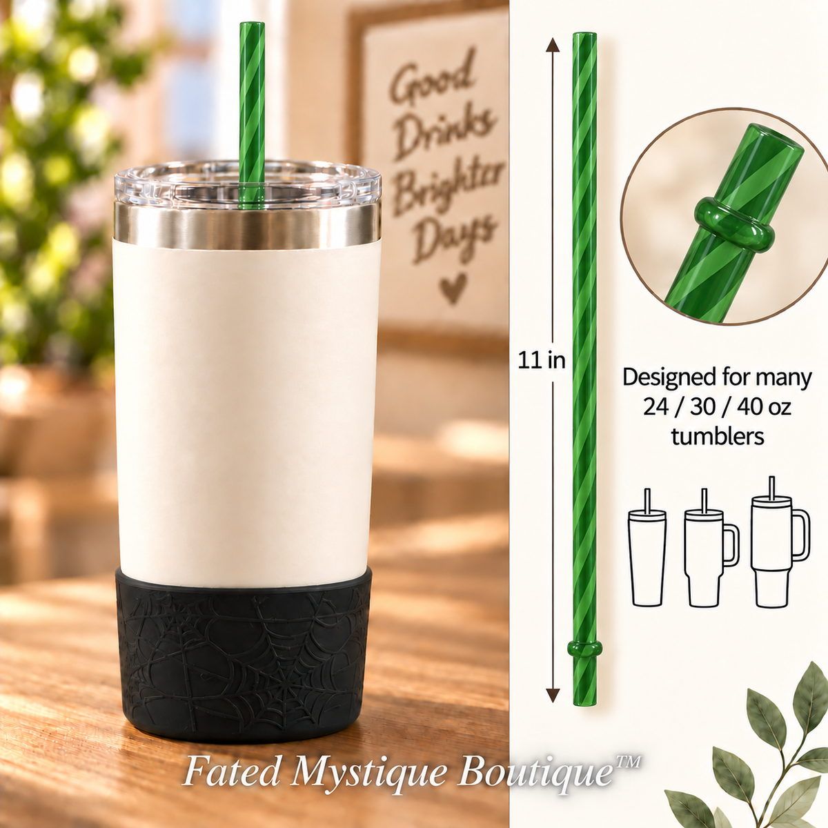 Long colored straw variant: Dark Green (11inch) — in-use measurement image