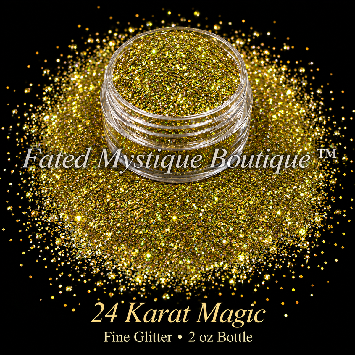 24 Karat Magic gold fine holographic glitter with a hint of iridescence, displayed in a clear jar with scattered glitter on black; 2 oz bottle.