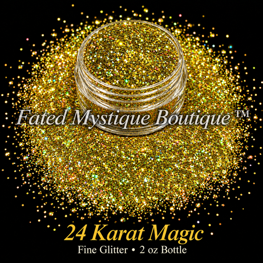 24 Karat Magic bright gold fine glitter with rainbow reflective flashes in a clear jar on black; 2 oz bottle.