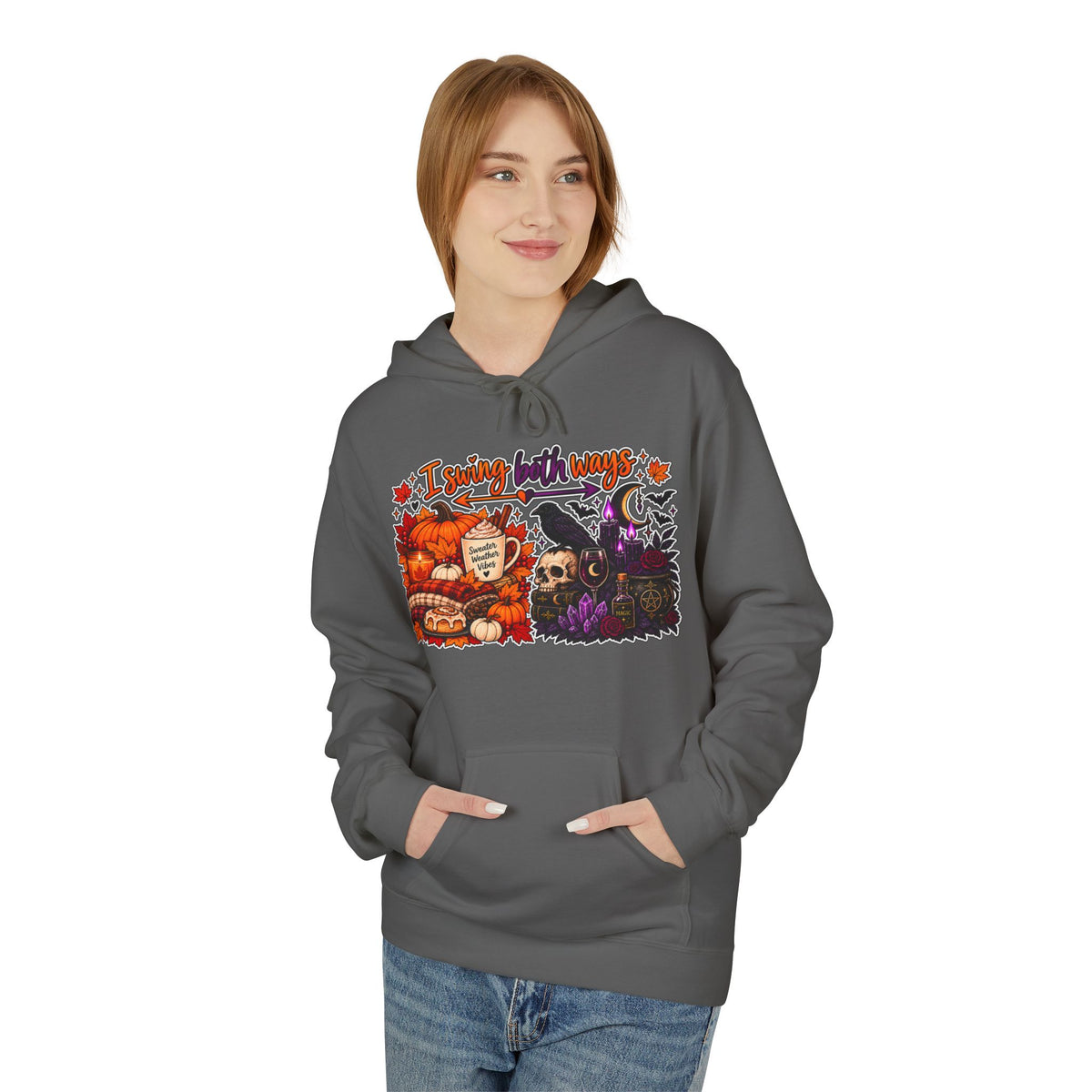 Halloween Split-Scene Hoodie — "I Swing Both Ways" Pumpkin & Haunted Night Design