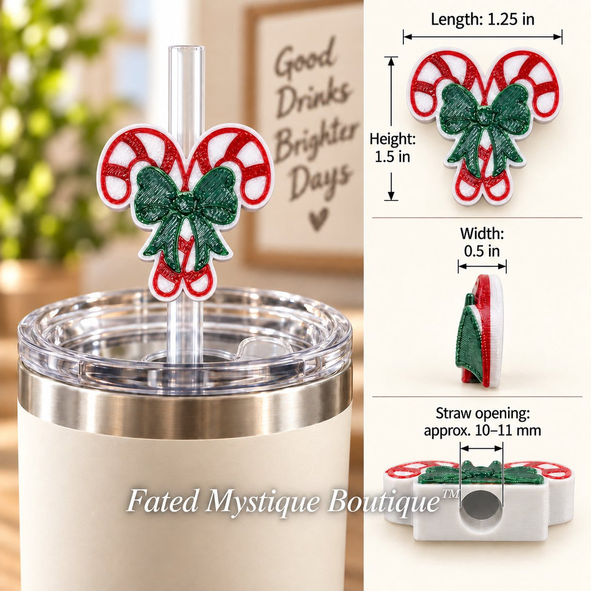 Candy canes 3D printed straw topper in use on unified warm farmhouse background with dimensions