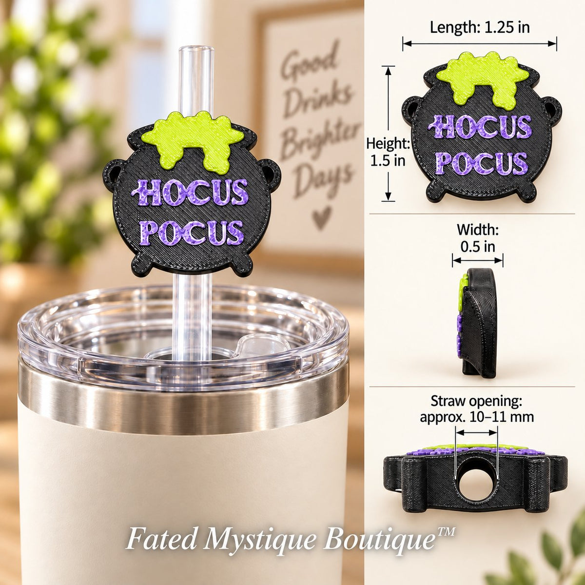 Hocus Pocus Cauldron 3D printed straw topper in use on warm farmhouse background with dimensions
