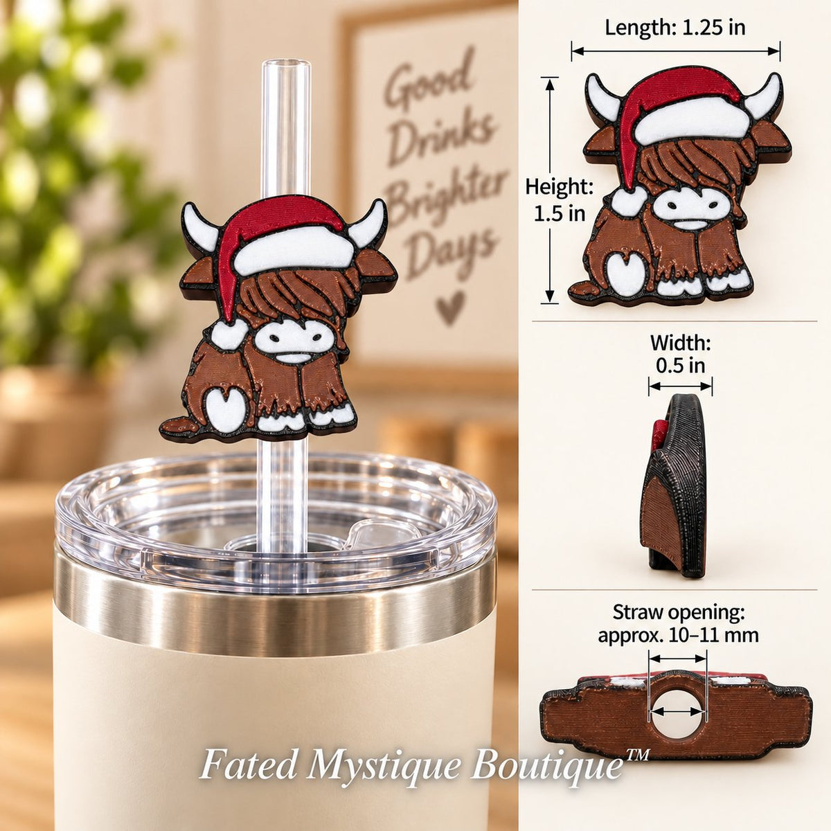 Christmas cow 3D printed straw topper in use on unified warm farmhouse background with dimensions