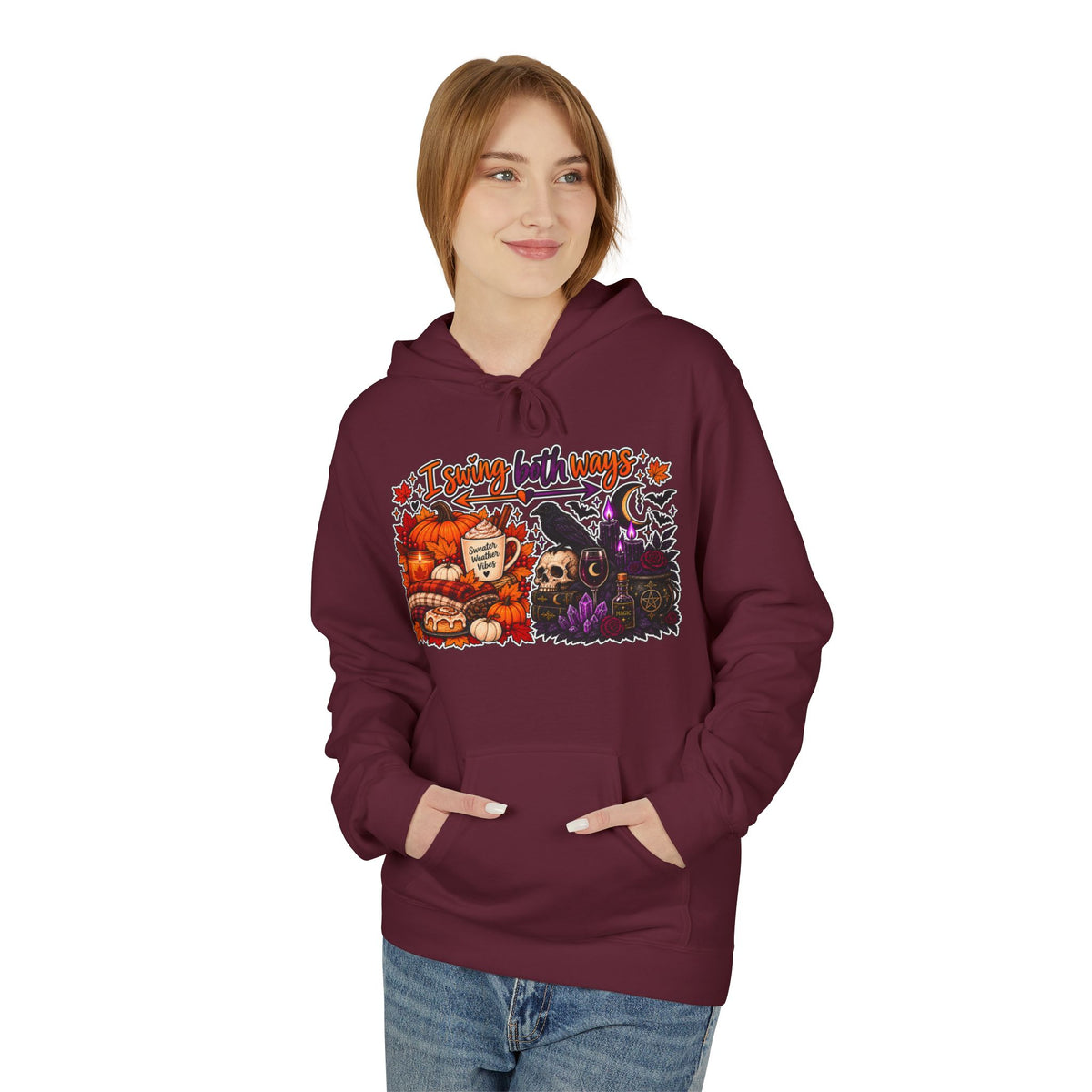 Halloween Split-Scene Hoodie — "I Swing Both Ways" Pumpkin & Haunted Night Design