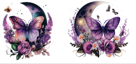 Two matching watercolor-style temporary tattoo designs featuring a purple butterfly, purple rose, crescent moon, and floral elements on a white background.