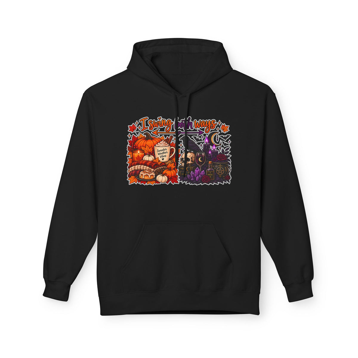 Halloween Split-Scene Hoodie — "I Swing Both Ways" Pumpkin & Haunted Night Design