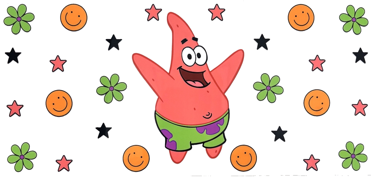 Patrick Star UVDTF cup wrap with orange smiley faces, green flowers, and pink and black stars on a white background, design #672