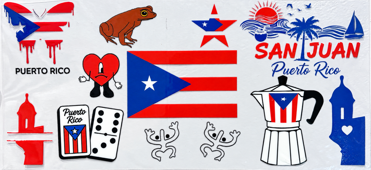 Puerto Rico UVDTF decal sheet with flag, coqui frogs, dominoes, coffee maker, and San Juan designs; wrinkled top carrier sheet, clearance #673