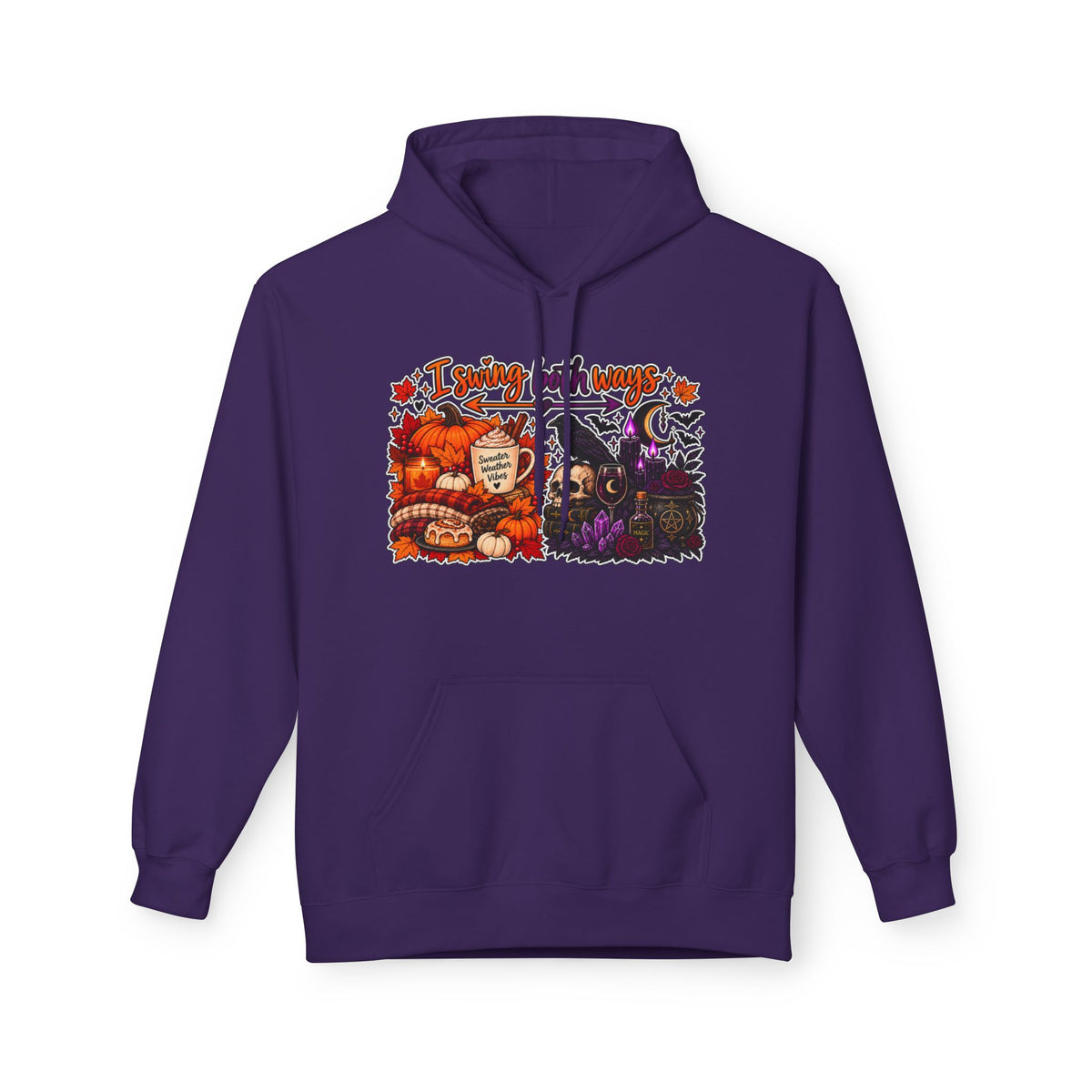 Halloween Split-Scene Hoodie — "I Swing Both Ways" Pumpkin & Haunted Night Design