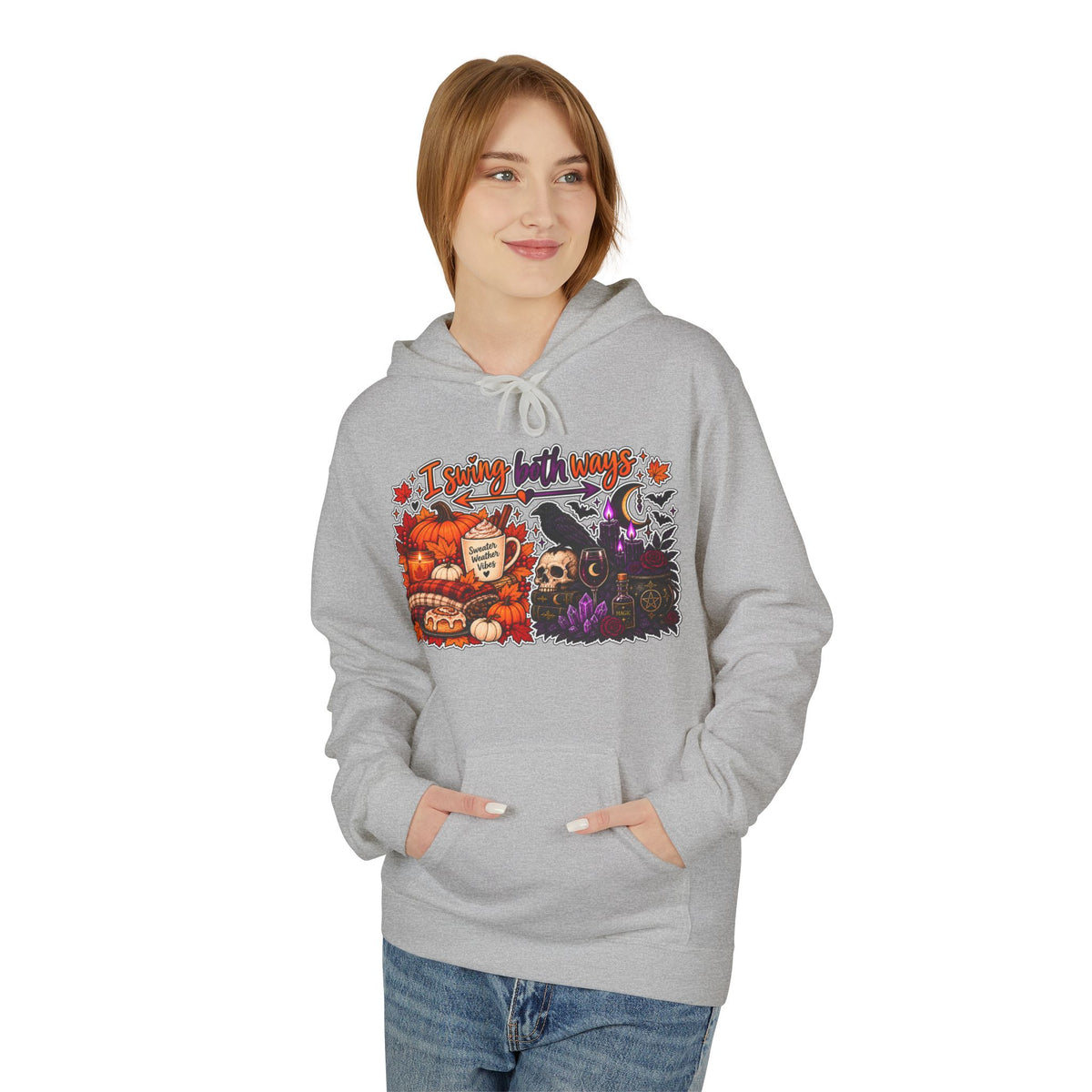 Halloween Split-Scene Hoodie — "I Swing Both Ways" Pumpkin & Haunted Night Design