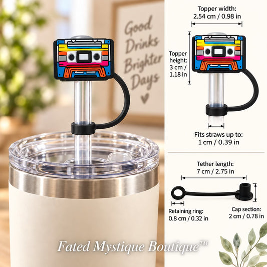Mix Tape straw topper shown in use with measurements and Fated Mystique Boutique watermark