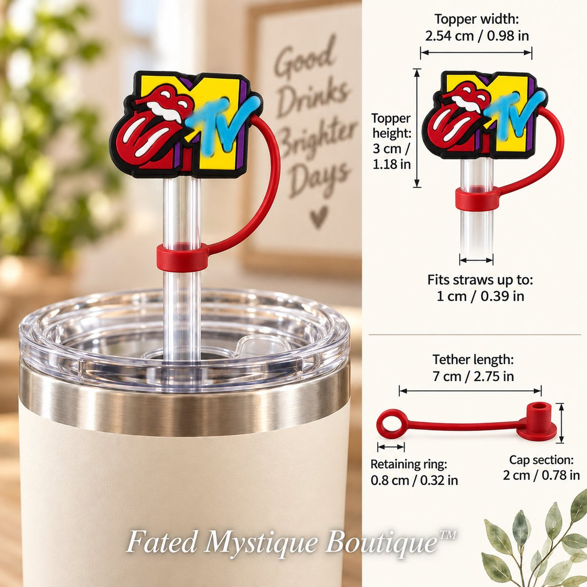M TV straw topper shown in use with measurements and Fated Mystique Boutique watermark