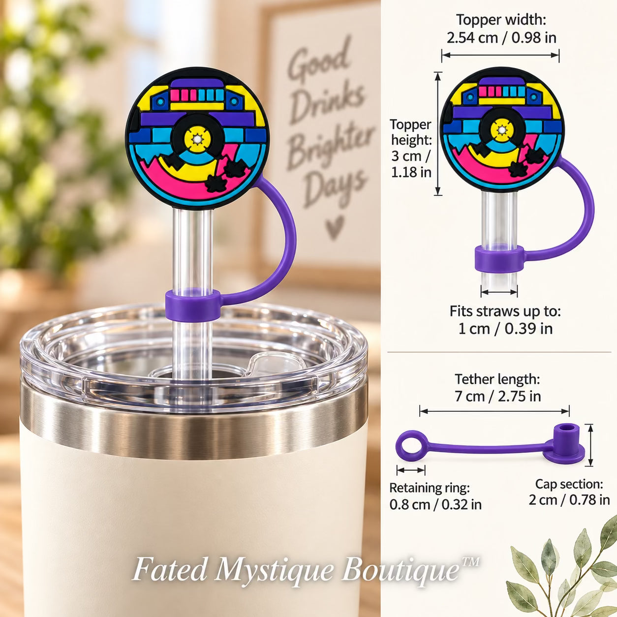 Record Player straw topper shown in use with measurements and Fated Mystique Boutique watermark