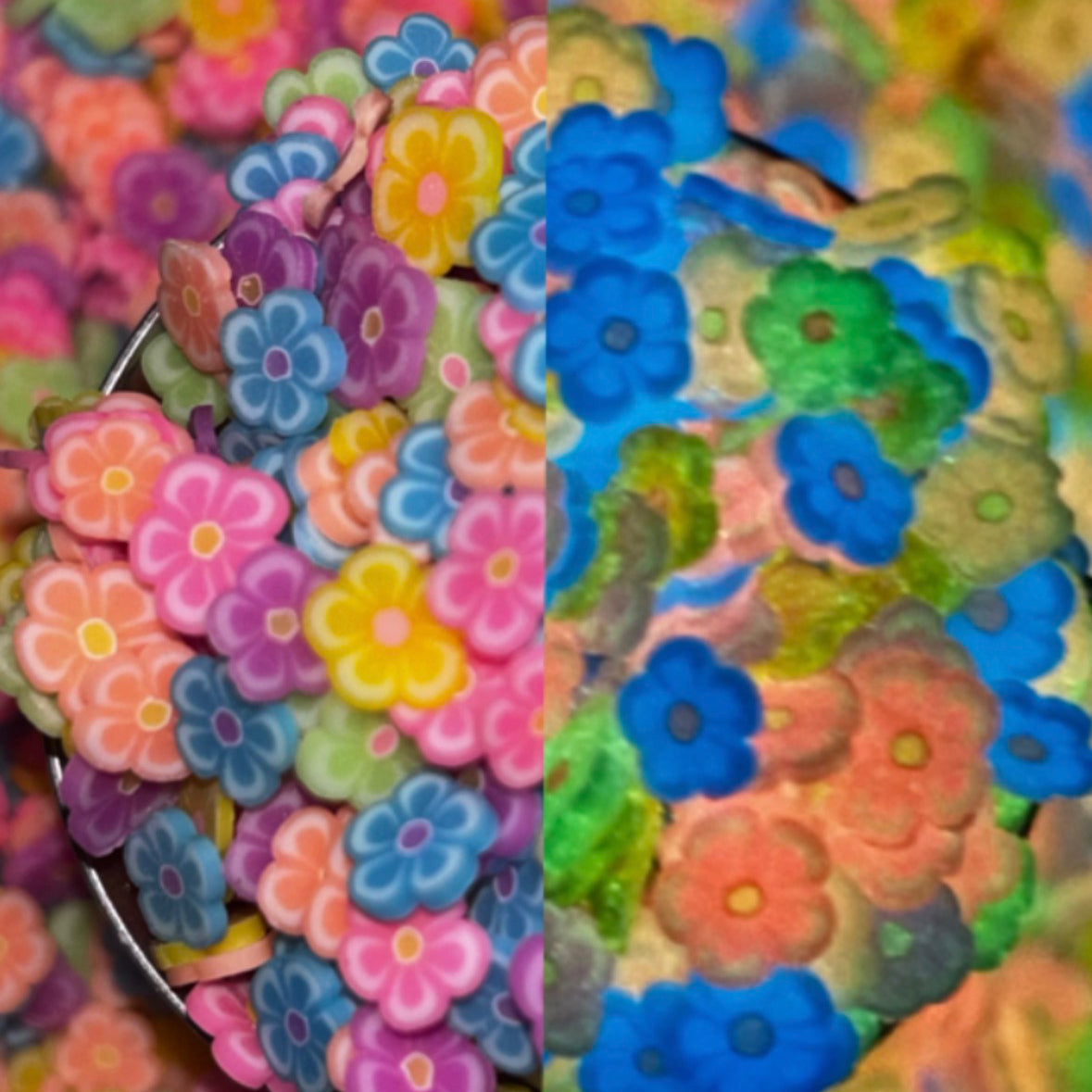 A close-up of many small flower-shaped embellishments or beads in bright pastel and saturated colors, including pink, blue, purple, yellow, orange, and green, with some arranged in a bowl and others blurred in the background.