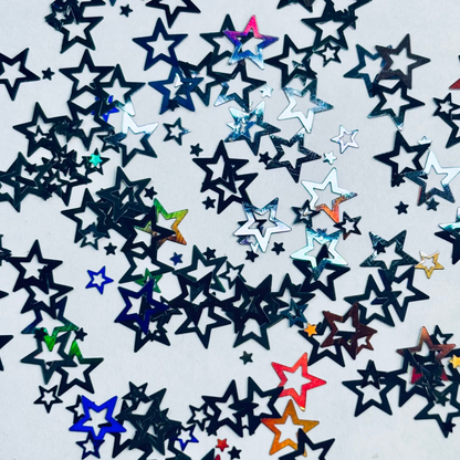 Colorful star-shaped confetti on a light blue background