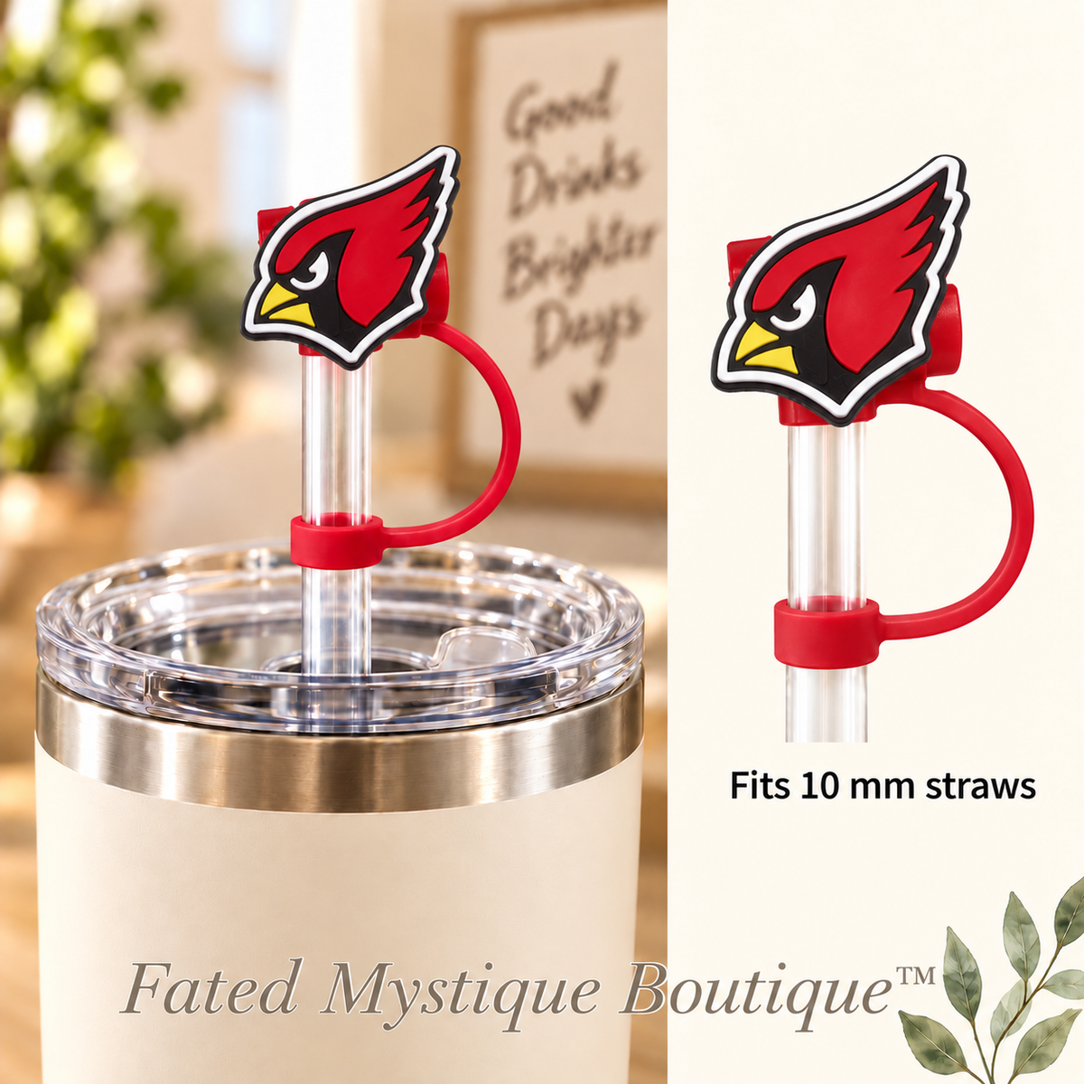 Arizona Cardinals straw topper with matching tether for 10 mm straws — Fated Mystique Boutique