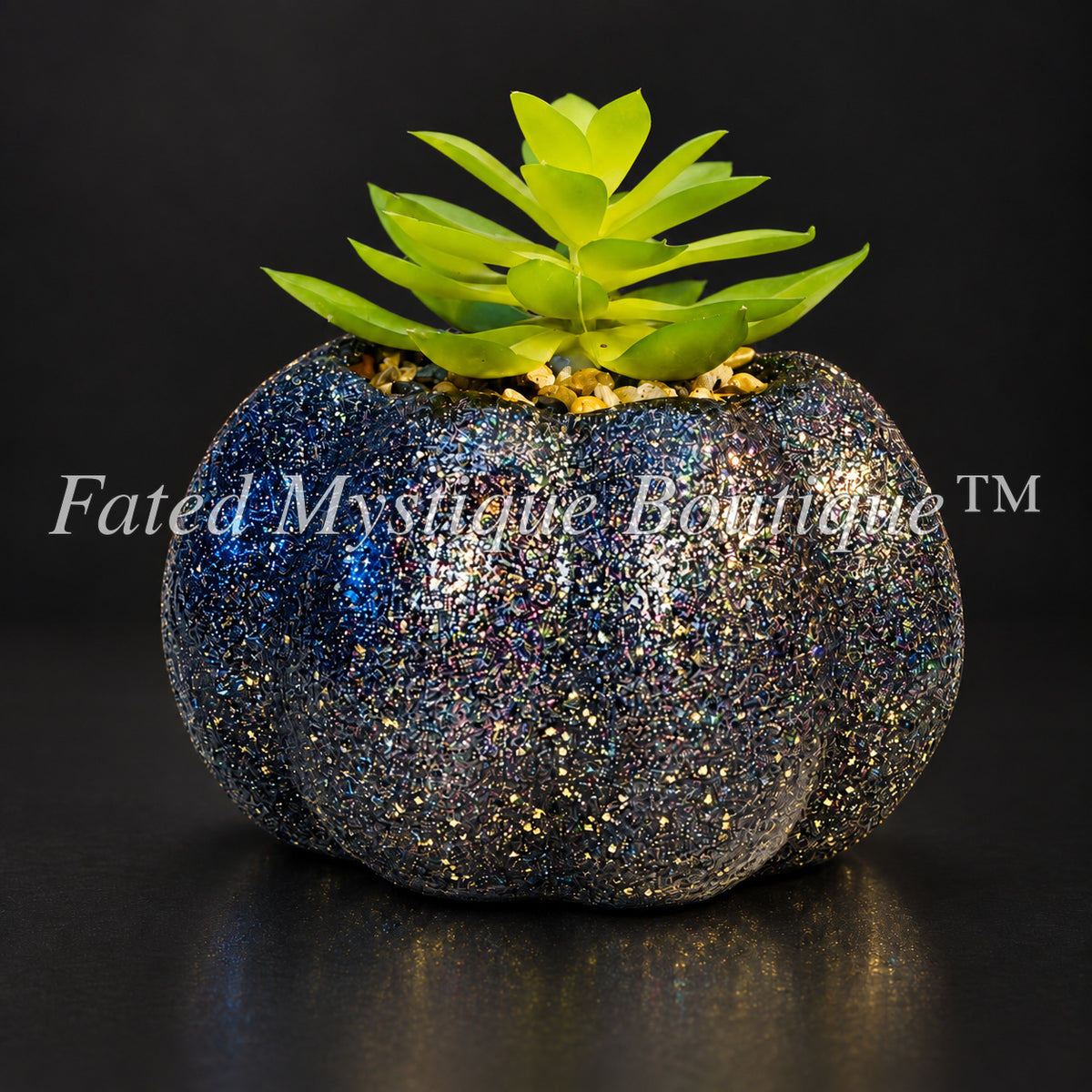 Black glitter artificial pumpkin succulent planter for sparkling fall and Halloween home decor — charcoal studio mockup