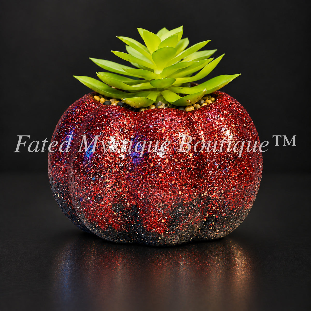 Red glitter artificial pumpkin succulent planter for sparkling fall Halloween decor — charcoal studio mockup