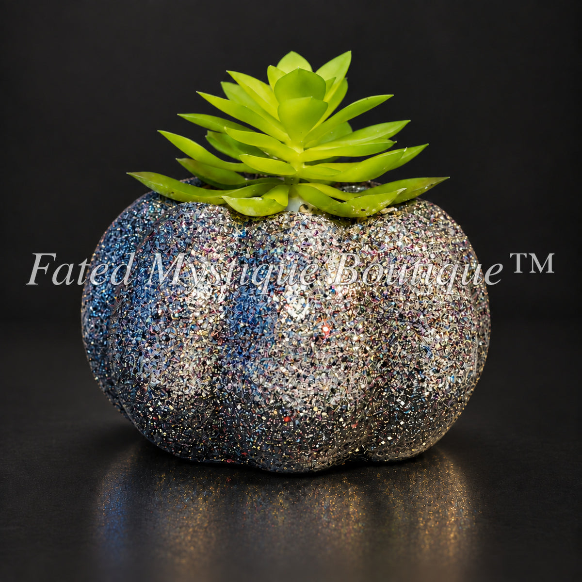 Silver glitter artificial pumpkin succulent planter for elegant autumn home decor — charcoal studio mockup