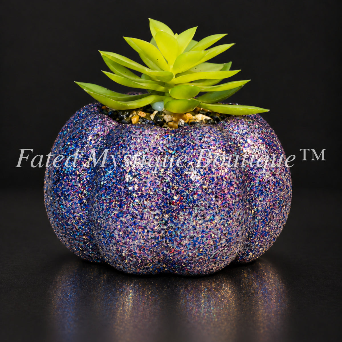 Purple glow in the dark glitter artificial pumpkin succulent planter for Halloween decor — charcoal studio mockup