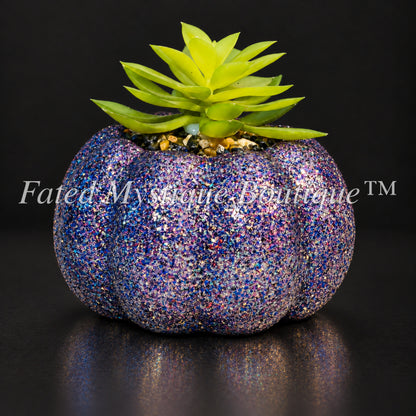 Purple glow in the dark glitter artificial pumpkin succulent planter for Halloween decor — charcoal studio mockup