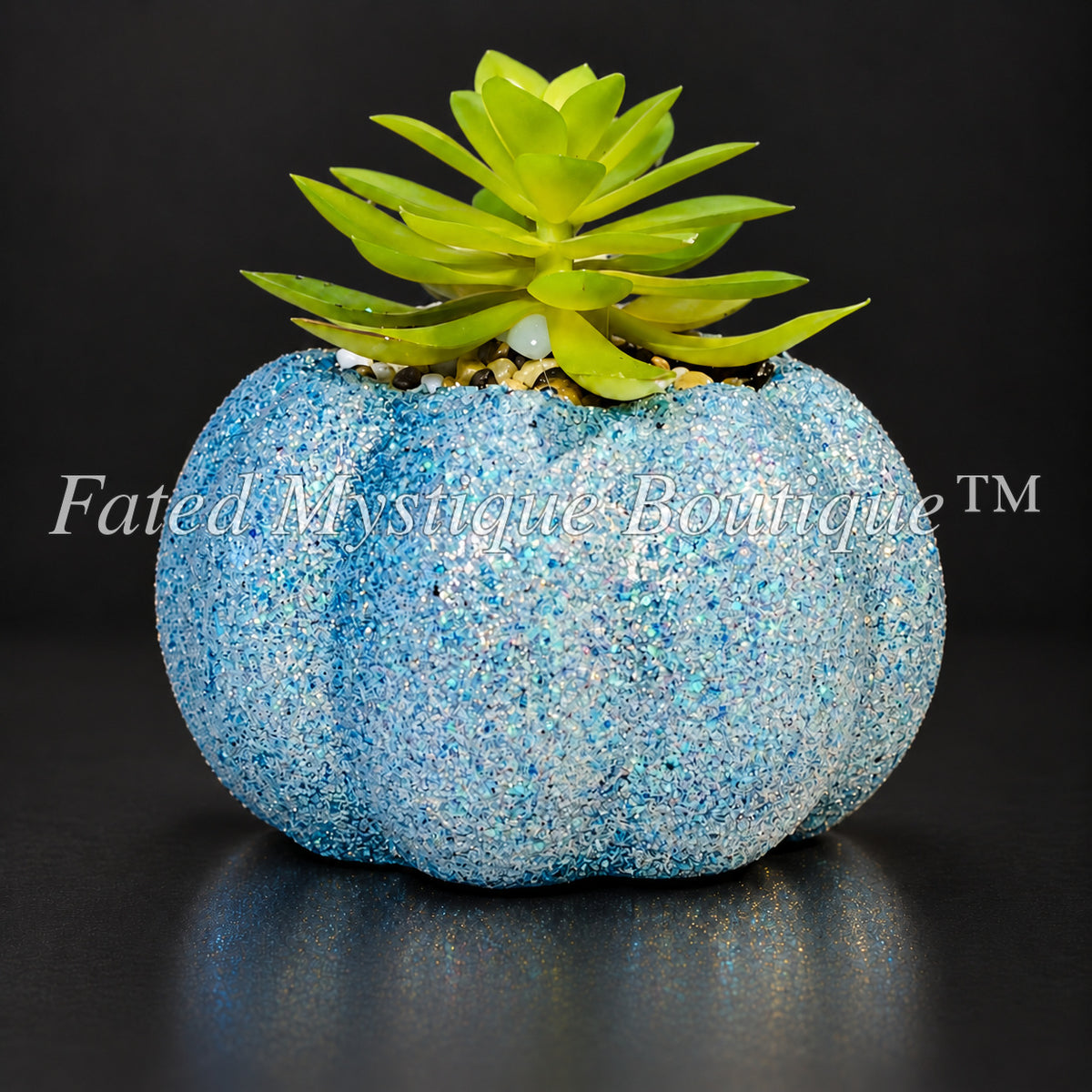 Blue glow in the dark glitter artificial pumpkin succulent planter for Halloween home decor — charcoal studio mockup