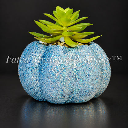 Blue glow in the dark glitter artificial pumpkin succulent planter for Halloween home decor — charcoal studio mockup