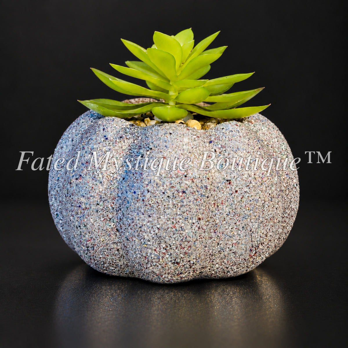 Silver glow in the dark glitter artificial pumpkin succulent planter for fall Halloween decor — charcoal studio mockup