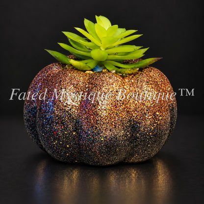 Copper and black glitter artificial pumpkin succulent planter for fall Halloween decor — charcoal studio mockup