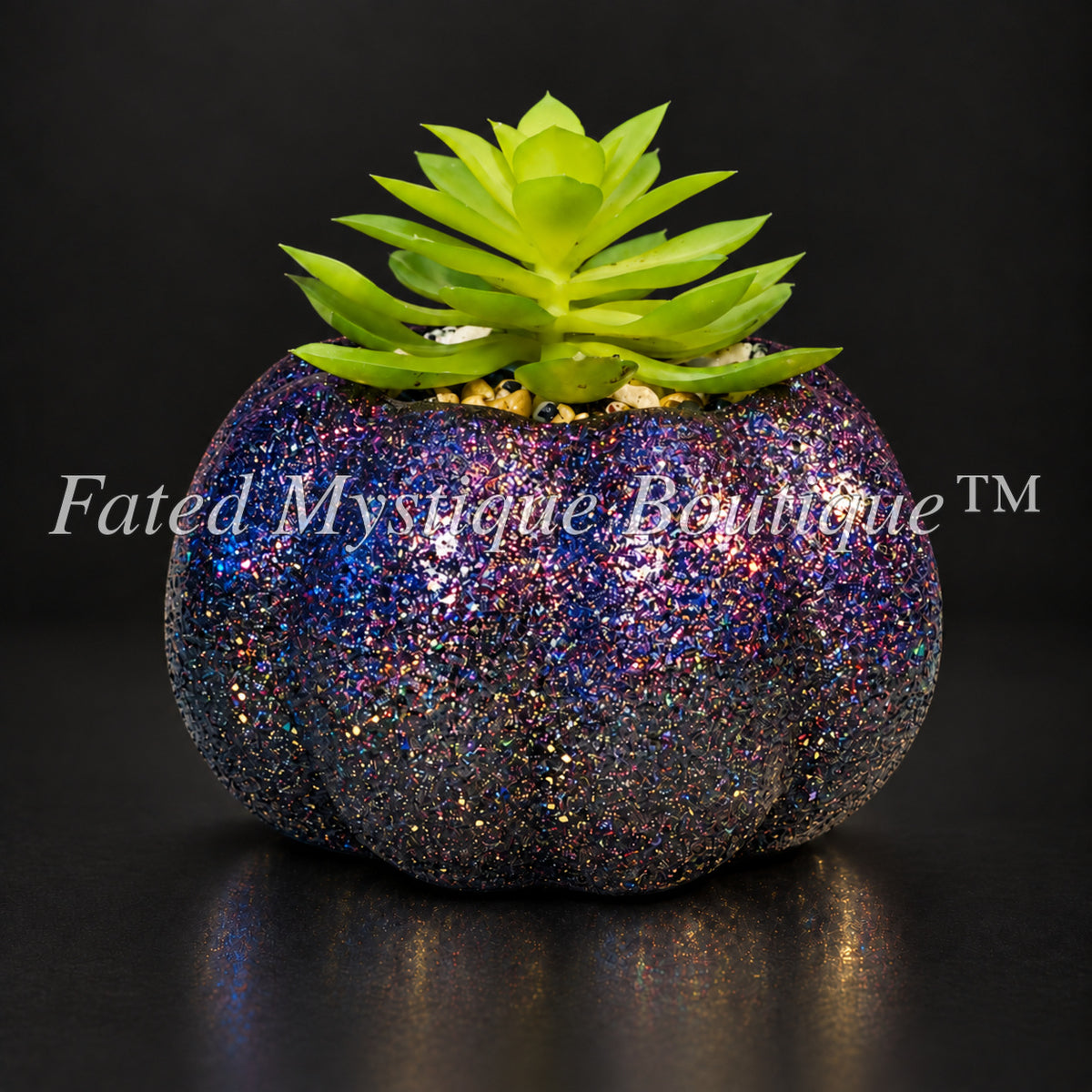 Dark purple glitter artificial pumpkin succulent planter for autumn Halloween home decor — charcoal studio mockup