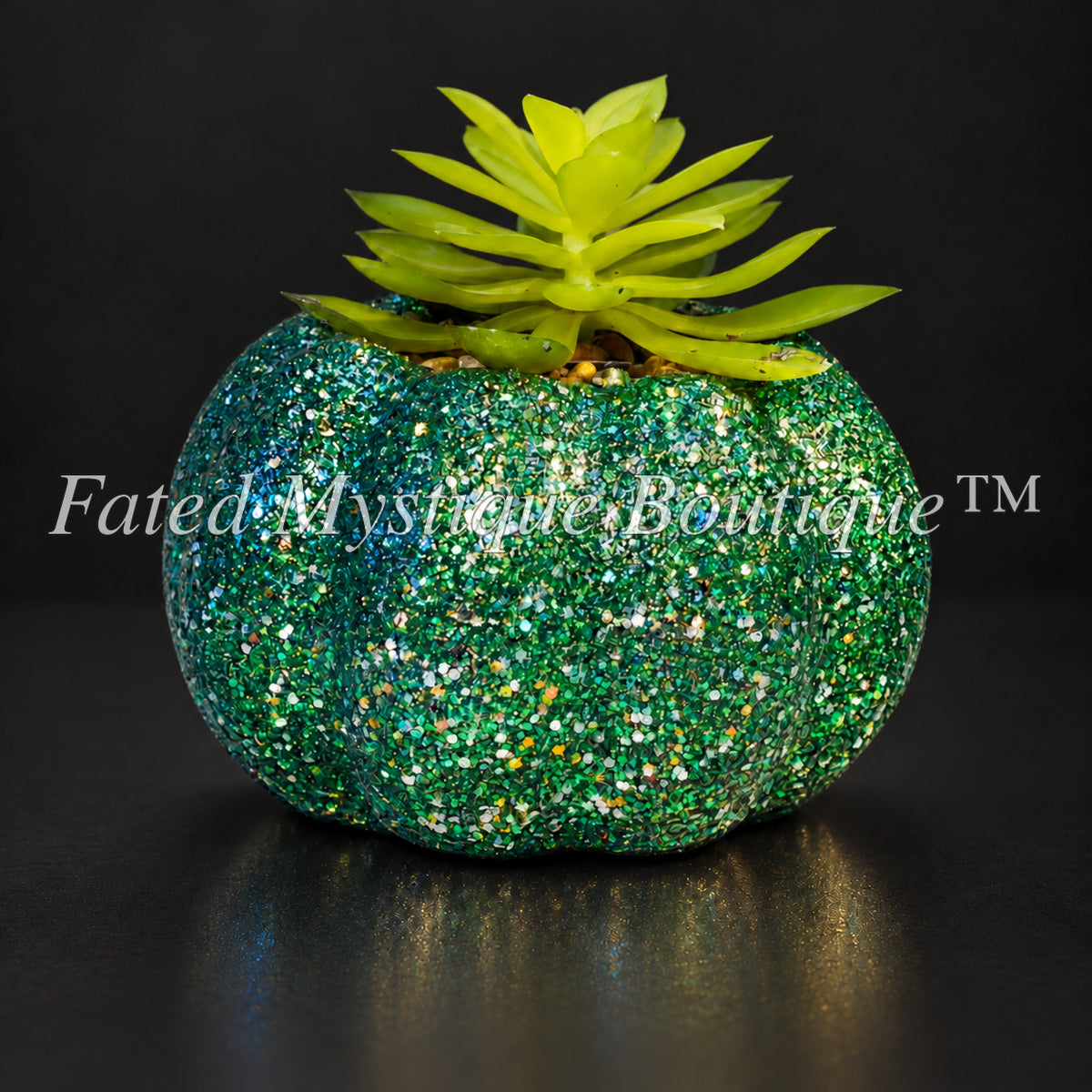 Green glitter artificial pumpkin succulent planter for colorful fall seasonal decor — charcoal studio mockup