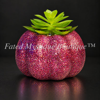 Hot pink glitter artificial pumpkin succulent planter for colorful autumn home decor — charcoal studio mockup