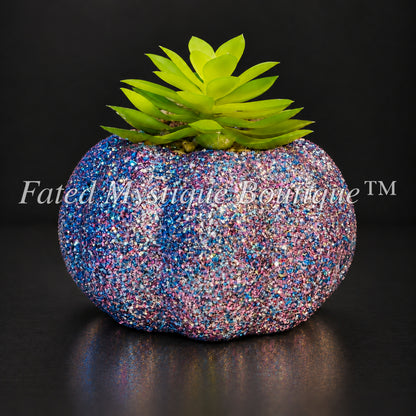 Light purple glitter artificial pumpkin succulent planter for fall Halloween home decor — charcoal studio mockup