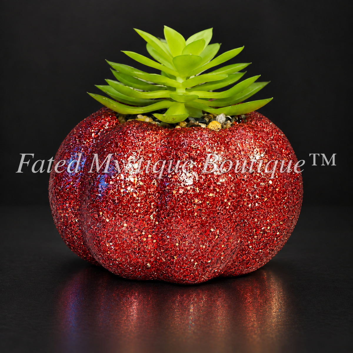 Light red glitter artificial pumpkin succulent planter for autumn seasonal home decor — charcoal studio mockup
