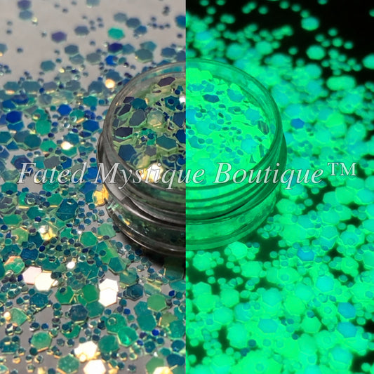 Atlantis white teal and gold color-shifting glow-in-the-dark chunky glitter; side-by-side effects with Fated Mystique Boutique™ watermark