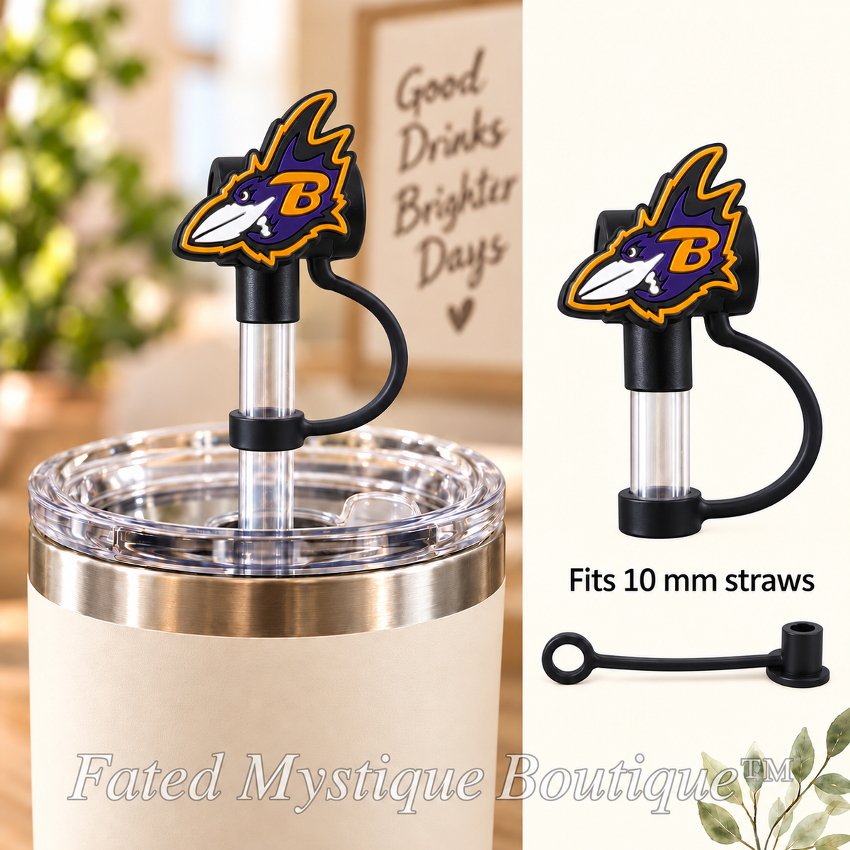 Baltimore Ravens straw topper with matching tether for 10 mm straws — Fated Mystique Boutique