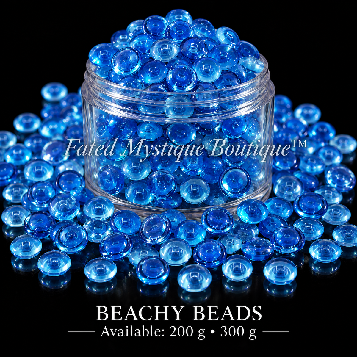 BEACHY BEADS, 200 g • 300 g, acrylic beads overflowing a centered clear jar on black — Fated Mystique Boutique