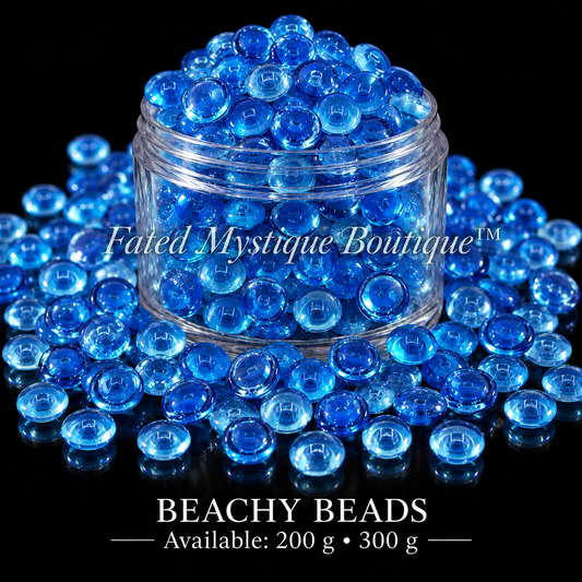 BEACHY BEADS, 200 g • 300 g, acrylic beads overflowing a centered clear jar on black — Fated Mystique Boutique