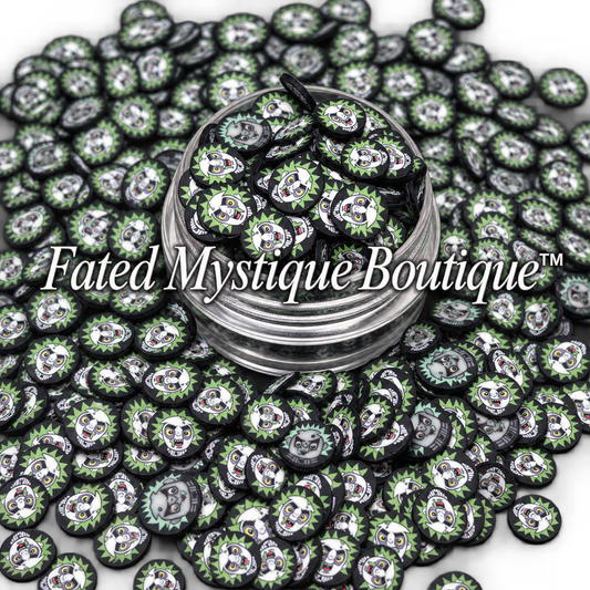 Beetlejuice polymer clay slices in a clear jar on a black background — Fated Mystique Boutique