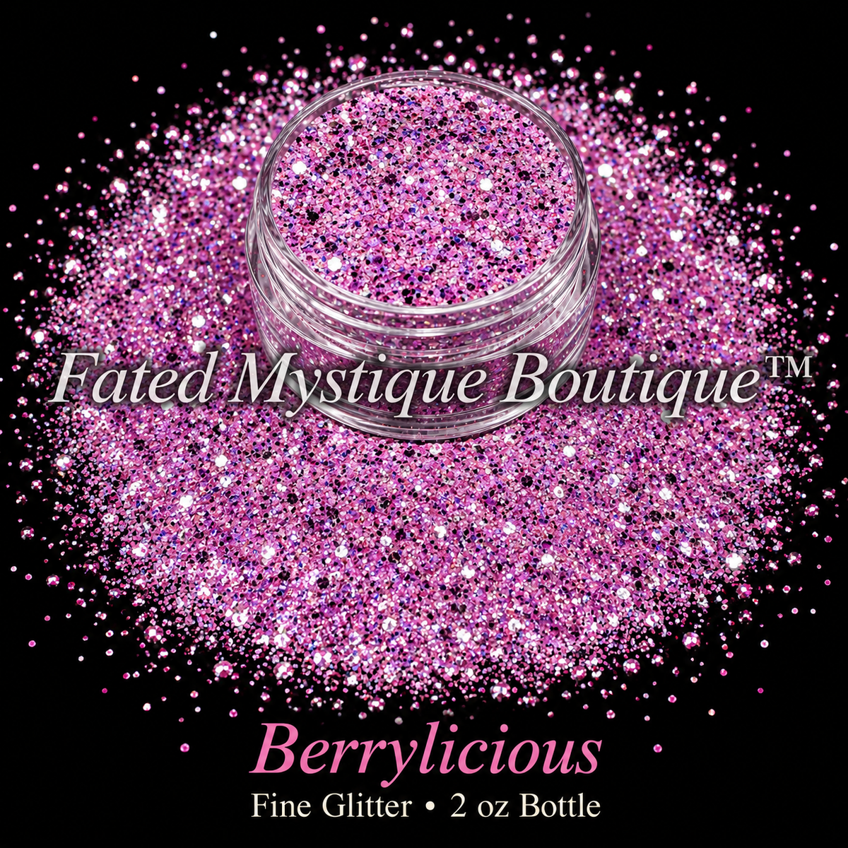 Berrylicious fine glitter in berry pink and lilac with dark flecks, displayed in a clear jar with sparkling spill; 2 oz bottle