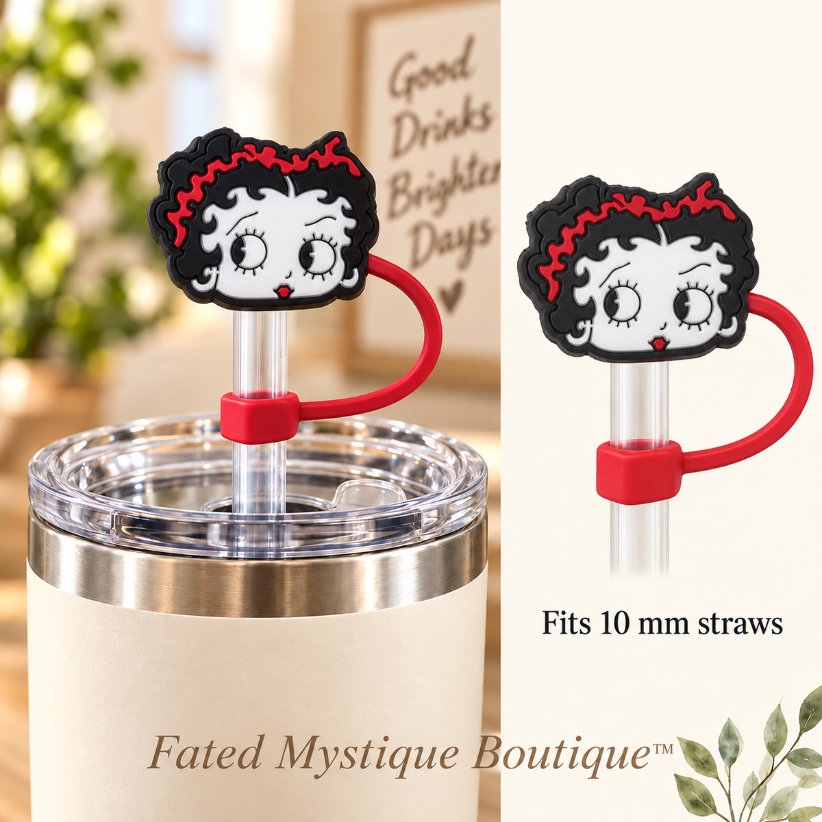 Betty Boop straw topper with matching tether for 10 mm straws — Fated Mystique Boutique