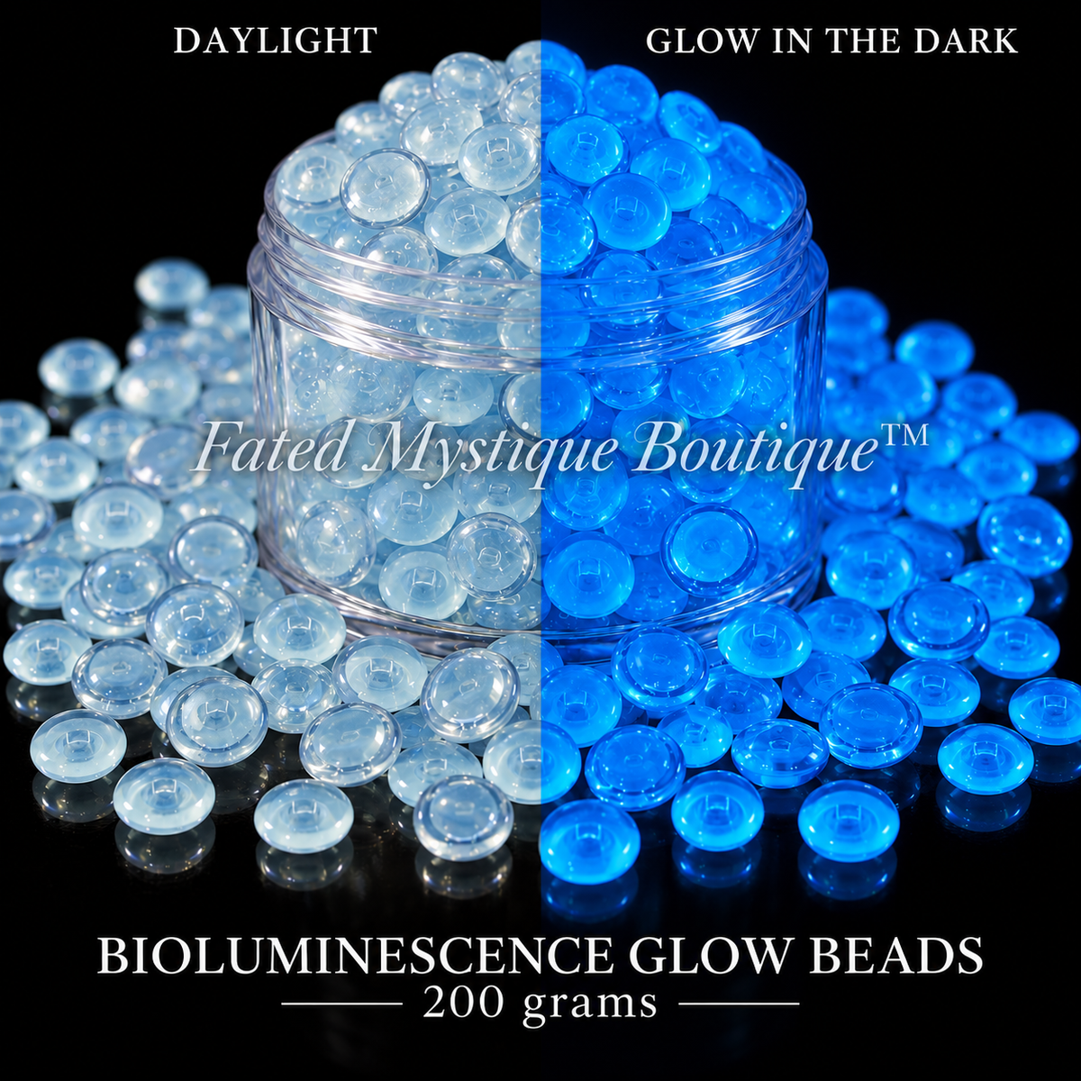 BIOLUMINESCENCE GLOW BEADS, 200 grams, acrylic beads overflowing a centered clear jar on black, daylight and glow-in-the-dark views — Fated Mystique Boutique